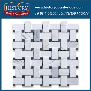 History Stone Foshan Supplier Quality Assured Competitive Price, Decorative Natural Polished Calacatta Gold Marble 1×2 Basket Weave with Black Dots Wall Mosaic, Flooring and Mural Mosaic Tiles