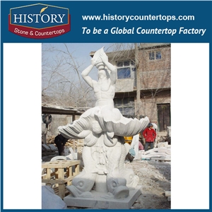 History Stone Fountain from Quanzhou Factory, Competitive Price White Marble Fountain with Carved Cherubs Holding Fishes for Garden, Square, Villa, Marble Decorative Water Fountain