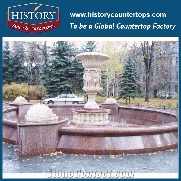 History Stone Fountain from Quanzhou Factory, Low Price Yellow Granite Carved Man Statue and Red Granite Base Exterior Fountain for Garden, Square, Villa, Granite Water Fountain