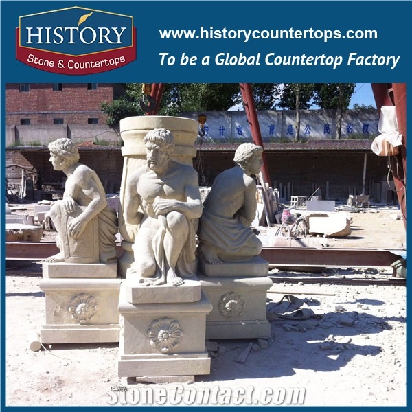History Stone Fountain from Quanzhou Factory, Low Price Yellow Granite Carved Man Statue and Red Granite Base Exterior Fountain for Garden, Square, Villa, Granite Water Fountain