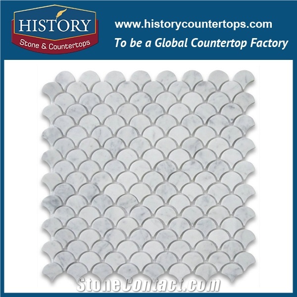History Stone Fujian Factory Discount Tiles Arts, Natural Highly Polished Carrara White Marble Mini Fish Scale Fan Shaped Mosaic Tiles for Interior Decoration, Garage, Wall and Flooring Mosaic
