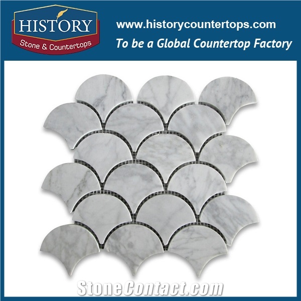 History Stone Fujian Factory Discount Tiles Arts, Natural Highly Polished Carrara White Marble Mini Fish Scale Fan Shaped Mosaic Tiles for Interior Decoration, Garage, Wall and Flooring Mosaic