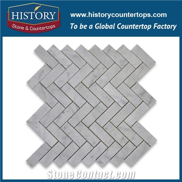 History Stone Guangdong Foshan Manufacturer Fine Quality, New Design Natural Tumbled Carrara White Marble 1×2 Herringbone Pattern Mosaic Tiles for Kitchen Backsplash and Tv Background Wall