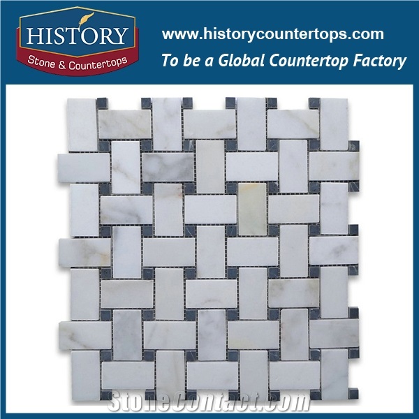 History Stone Guangdong Manufacturer, Natural Polished White Bianco Carrara Marble Basket Weave with Black Dots Dog-Bone Wicker Mosaic Tiles for Bathroom Wall Cladding & Swimming Pool Decoration