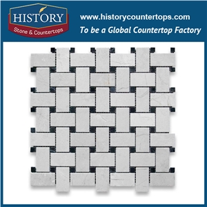 History Stone Guangdong Manufacturer, Natural Polished White Bianco Carrara Marble Basket Weave with Black Dots Dog-Bone Wicker Mosaic Tiles for Bathroom Wall Cladding & Swimming Pool Decoration