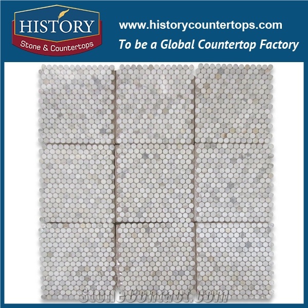 History Stone Guaranteed Brand Quanzhou Supplier Custom Made Products, Indian Style Luxury Decoration Honed Calacatta Gold White Marble Penny Round Pattern Mosaic Tiles, Wall and Flooring Mosaic