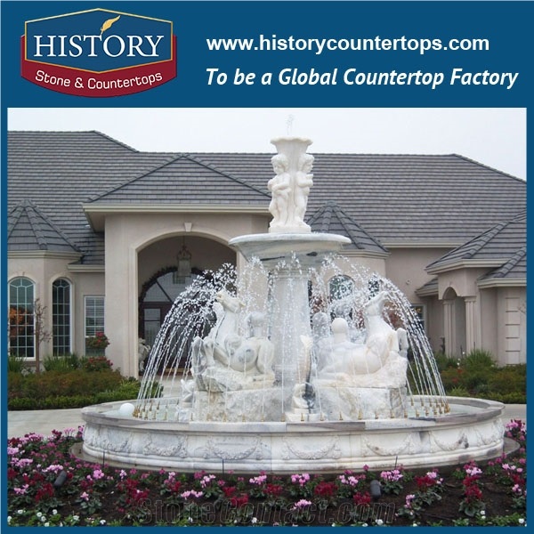 History Stone High Quality Cheapest Price Wholesale, Attractive White Marble Exquisite Hand Carved Small Three Tiered Fountain with Cherub for Garden Decoration, Water Fountain & Handcrafts