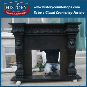 History Stone High Quality Cheapest Price Wholesale Home Decorative Products, Attractive Black Marble Royal Design Exquisite Carved Lions Fireplace Frame, Mantel Surround & Handcrafts