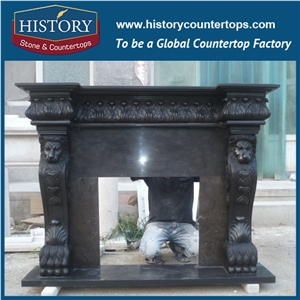 History Stone High Quality Cheapest Price Wholesale Home Decorative Products, Attractive Black Marble Royal Design Exquisite Carved Lions Fireplace Frame, Mantel Surround & Handcrafts