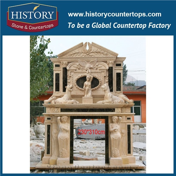History Stone High Quality Cheapest Price Wholesale Home Decorative Products, Attractive Hot Selling Beige Marble Royal Design Exquisite Carved Columns Fireplace, Mantel Surround & Handcrafts