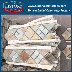 History Stone High Quality Low Price Famous Shangdong Brand Beige Slate Random Square Mosaic Pattern for Balcony, Corridor, Fireplace Decoration, Decorative Mixed Color Mosaic Tile