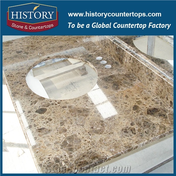 History Stone Hmj031 Dark Emperador Radius Top Flat Standard Laminated Marble Wholesale Price Customizable Commercial Solid Surface Countertops & Bathroom Vanity Tops