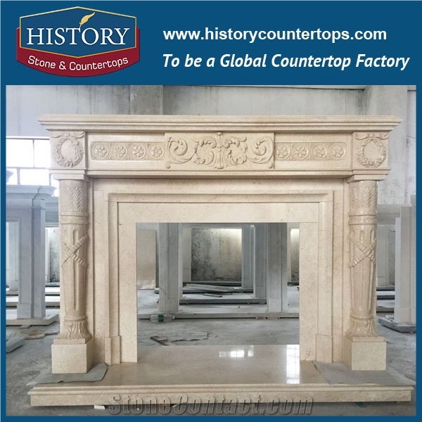 History Stone Hot-Selling High Quality Perfect Wholesale Products in Stock, Beige Marble Handwork One Tier Simple Design Style Fireplaces with Square Columns, Mantel Surround & Handcrafts