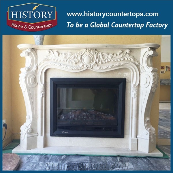 History Stone Hot-Selling High Quality Perfect Wholesale Products in Stock, Beige Marble Handwork One Tier Simple Design Style Fireplaces with Square Columns, Mantel Surround & Handcrafts