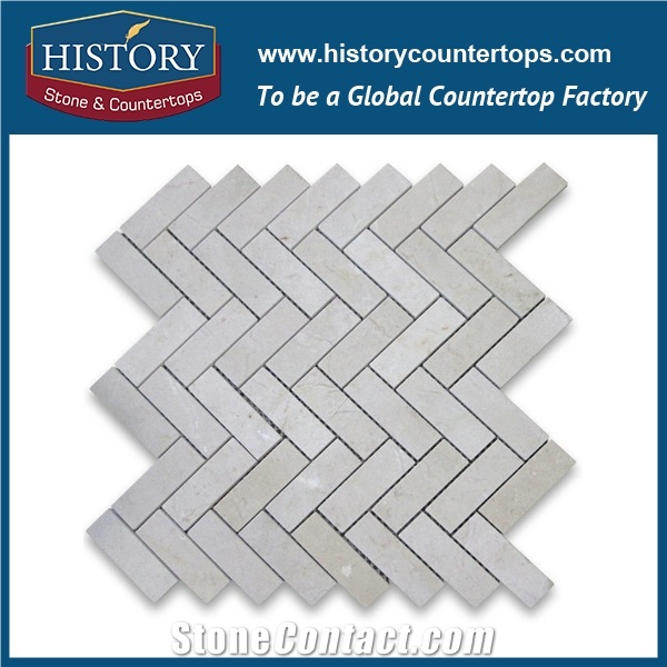 History Stone Hot Selling Low Price Xiamen Supplier, Polished Cream Marfil Beige Marble 0.625×0.625 Herringbone Mosaic Tile, Natural Stone for Living Room, Ktv, Bedroom, Hotel, Decorative Floor Mosaic