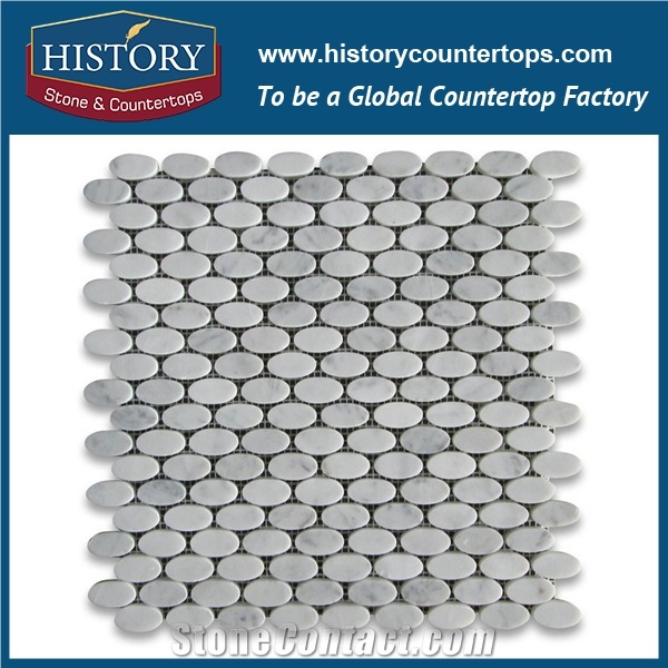 History Stone International Master Tiles Shops, Modern Polished Bianco Carrara White Marble 1.25×0.625 Ellipse Oval Mosaic Art Tiles for Tv Background Wall Cladding, Decorative Floor Mosaic