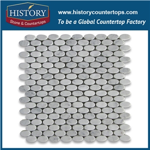 History Stone International Master Tiles Shops, Modern Polished Bianco Carrara White Marble 1.25×0.625 Ellipse Oval Mosaic Art Tiles for Tv Background Wall Cladding, Decorative Floor Mosaic