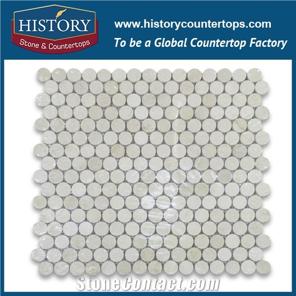 History Stone Master Quanzhou Quarry Factory, Polished Spanish Cream Marfil Penny Round Beige Marble Engineered Mosaic Bathroom Shower Tiles, Home Decoration Flooring & Wall Mosaic