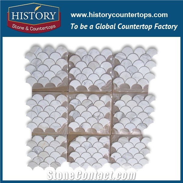 History Stone Master Shop Foshan Supplier Cheap Price, Novel Design Natural Polished Bianco Carrara White Marble Grand Fish Scale Fan Shaped Mosaic Artistic Tiles, Decorative Floor and Wall Mosaic