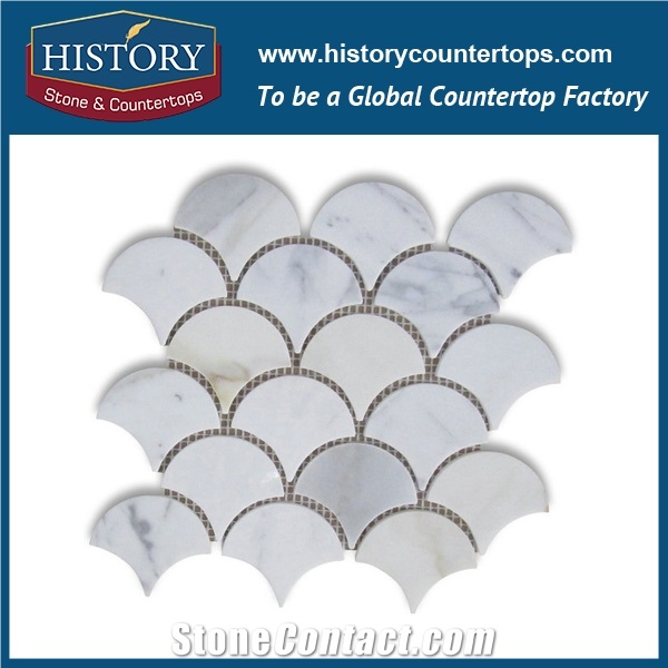 History Stone Master Shop Foshan Supplier Cheap Price, Novel Design Natural Polished Bianco Carrara White Marble Grand Fish Scale Fan Shaped Mosaic Artistic Tiles, Decorative Floor and Wall Mosaic