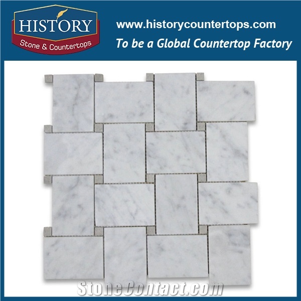 History Stone Professional China Shandong Supplier, High Quality Honed Carrara White Marble Large Basket Weave with Black Dots Mosaic Tile for Sale, House Decorative Wall & Flooring Mosaic