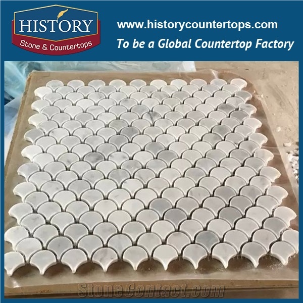 History Stone Professional Craftsmanship Shandong Supplier High Quality Competitive Price, White and Grey Carrara Fish Scale Mosaic Tile for Interior Decoration, Floor & Wall Marble Mosaic