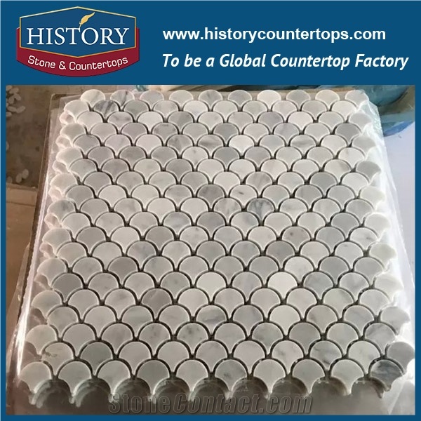 History Stone Professional Craftsmanship Shandong Supplier High Quality Competitive Price, White and Grey Carrara Fish Scale Mosaic Tile for Interior Decoration, Floor & Wall Marble Mosaic