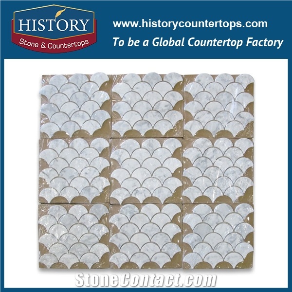 History Stone Qualified China Quarry, Professional Polished Carrara White Marble Medium Fish Scale Fan Shaped Mosaic Shower Tiles for Bathroom Wall and House Decoration, Flooring & Mural Mosaic