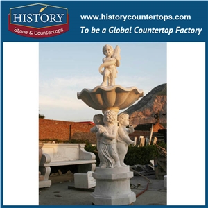 History Stone Qualified Fountain by Shandong Factory, Yellow Granite Handwork Jar Like Fountain with Carved Sitting Nude Boy for Garden, Park, Square, Villa, Decorative Stone Fountain