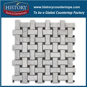 History Stone Qualified Fujian Supplier Best Style Hot Selling, Natural Honed Carrara White Marble Large Basket Weave with Grey Dots Mosaic Tiles for Kitchen Backsplash and Tv Background Wall