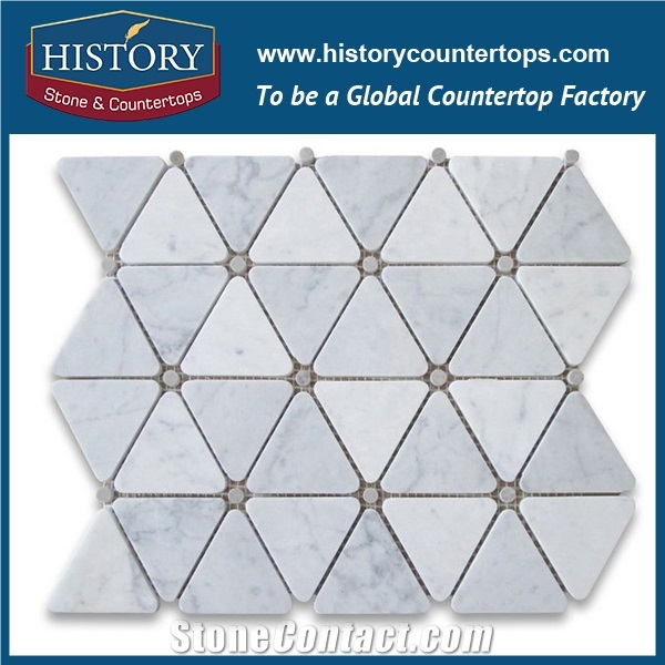 History Stone Qualified Xiamen Factory High Quality Cheap Honed Bianco Carrara White 2.75 Inches Triangle with Grey Round Dots Mosaic Tiles with Rare Marble Material, Floor and Wall Marble Mosaic