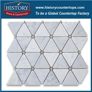 History Stone Qualified Xiamen Factory High Quality Cheap Honed Bianco Carrara White 2.75 Inches Triangle with Grey Round Dots Mosaic Tiles with Rare Marble Material, Floor and Wall Marble Mosaic