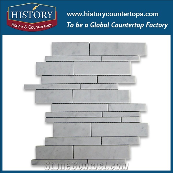 History Stone Quanzhou Manufacturer Reasonable Price Quick Delivery, New Design Tumbled Bianco Carrara Medium Size Brick Strip Mosaic Tiles, Decorative Flooring and Mural Marble Mosaic