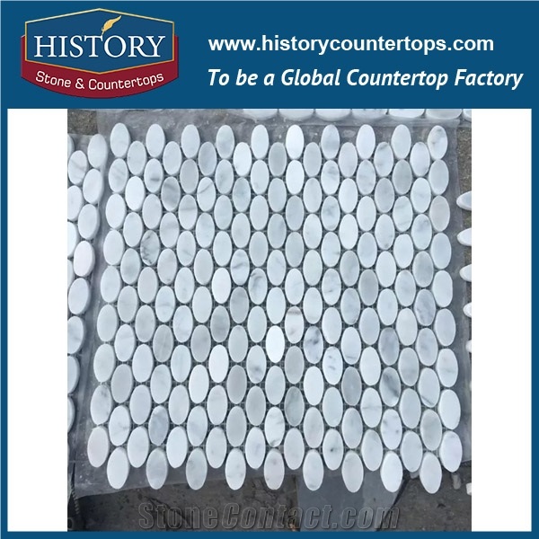 History Stone Quanzhou Shuitou Manufacturer, Natural Polished Bianco Carrara Oblong Mosaic for Bathroom Wall Cladding and Swimming Pool , Floor & Mural White Marble Stone Mosaic Tile