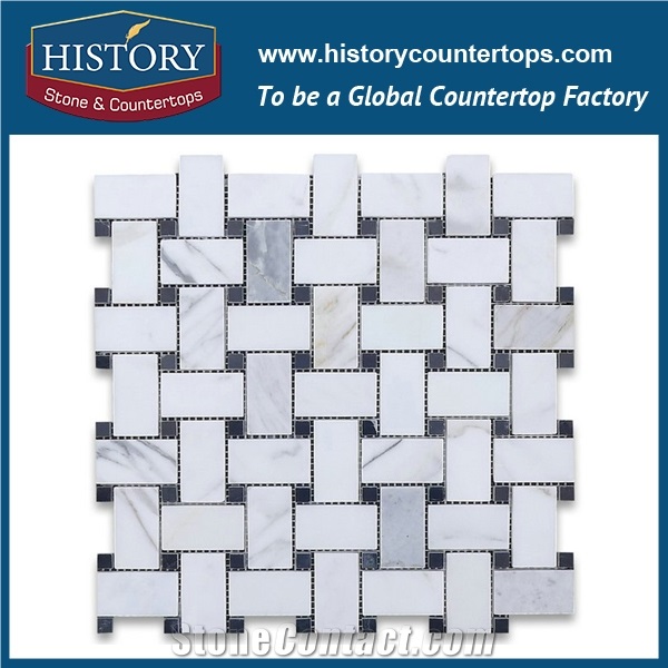 History Stone Reliable Brand Quanzhou Supplier Perfect Products, Natural Honed Bianco Carrara Marble Basket Weave with Black Dots Dog-Bone Wicker Mosaic Tiles, Home Flooring & Wall Mosaic