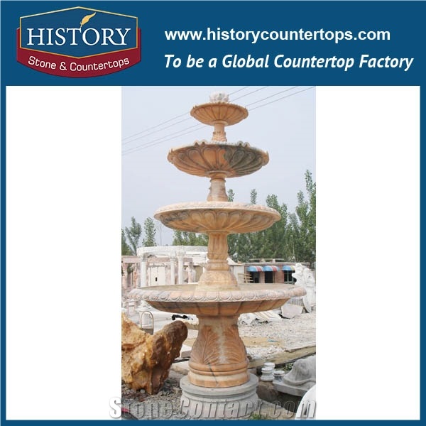 History Stone Renowned Fountain from Quanzhou Factory, Competitive Price Yellow Granite Pillar Fountain with Carved Cranes for Garden, Square, Villa, Marble Decorative Water Fountain