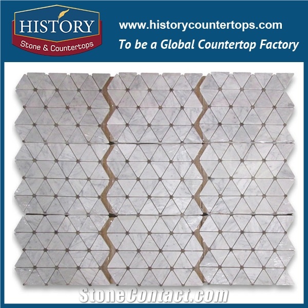 History Stone Reputed Brand Shandong Manufacturer Natural Honed Bianco Carrara White 2.75 Inches Triangle with Dark Emperador Round Dots Mosaic Tiles, Flooring and Wall Marble Mosaic