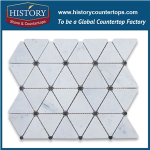 History Stone Reputed Brand Shandong Manufacturer Natural Honed Bianco Carrara White 2.75 Inches Triangle with Dark Emperador Round Dots Mosaic Tiles, Flooring and Wall Marble Mosaic