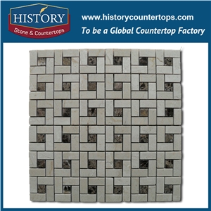 History Stone Reputed Guangdong Supplier Best Price Reliable Quality, Natural Polished Spain Cream Marfil and Dark Emperador Basket Weave Pattern Mosaic Tile for Wall and Floor Use, Marble Mosaic