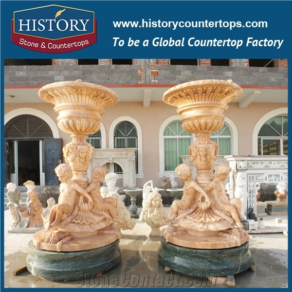 History Stone Sophisticated Shangdong Fountain Reliable Quality Reasonable Price, Yellow Granite Large Roman Design Fountain for Garden with Bronze Statues for Square, Villa, Decorative Water Fountain