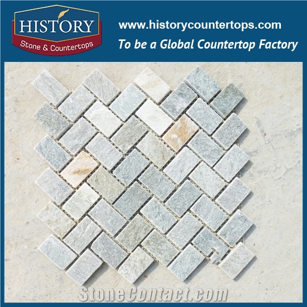 History Stone Wholesale New Prefab Light Green Homes Square Slate Mosaic Waved Pattern for Interior Wall Decorating,