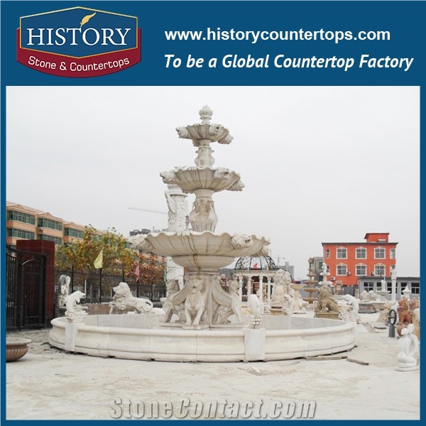 History Stone Wolrd Class China Craftsmanship, Grey Granite Magnificent Three-Layer Floral Garden Fountain with Exquisite Carved Lions Statues, Decorative Sculptured Water Fountain