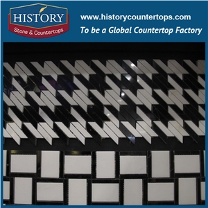 History Stone World Fashion Xiamen Producer, New Design White and Black Chevron Mosaic for Kitchen Backsplash and Tv Background Wall, Decorative Mixed Color Marble Mosaic Tile