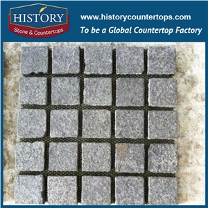 History Stones Bulk Sale Top Quality Crazy Cube Stone with Mesh Back Thick Dark Grey Exterior Brushed Finish G654 Granite Outdoor Square Road Paving Walkway Flamed Paver Cobble Sheet & Pavers