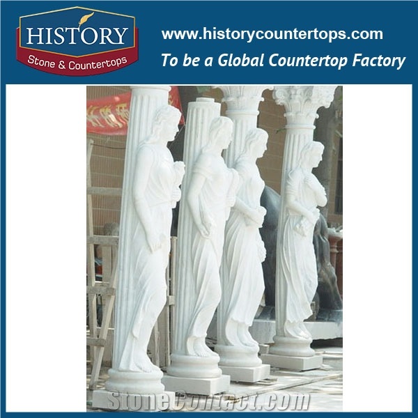 History Stones Fashionable White Marble Roman Pillars Polished Natural Stone Column with Girl Statue Floral Square Design Sculptured Columns