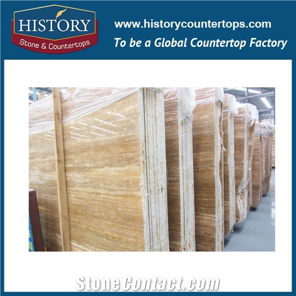 Historystone Imported Stock Iranian Beige Travertine Polished Slabs Stone for Sale Size 2400upx1400upx17mm 400m2,Cut-To-Size or Any Other Customized,Good Quality New Style Design and Hot Sales