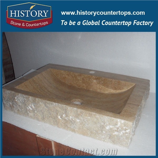 Promotion Stone the Best Selling New Design Column Pots Stone Sink Classical Beige Travertine Bathroom Rectangle Kitchen Used Basins