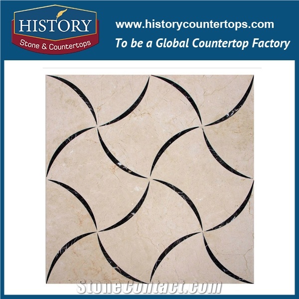 Spain Cream Marfil and European Network Natural Marble Stone Water Jet Cutting Wavy Basket Weave Pattern Mosaic Artistic Floor and Wall Tiles