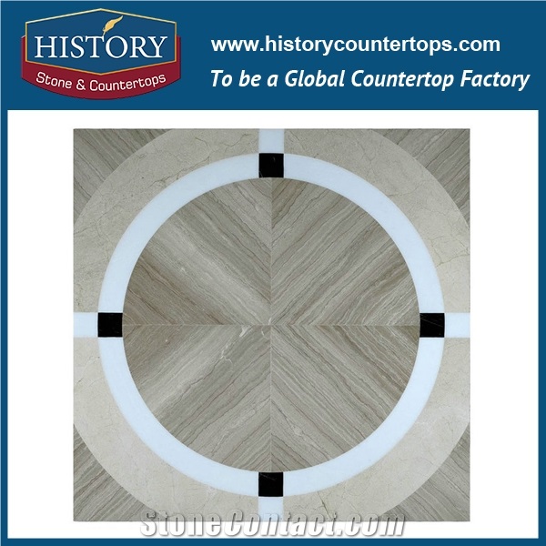 Water Jet Cutting Wooden Stone, White Jade, Cream Marfil Marble Ring Round Pattern Mosaic Tiles for Kitchen Backsplash and Bathroom Flooring Inlay