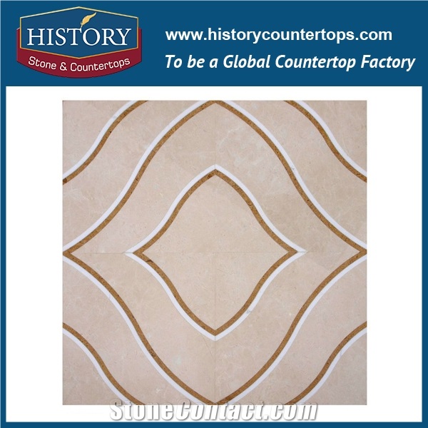 Water Jet Cutting Wooden Stone, White Jade, Cream Marfil Marble Ring Round Pattern Mosaic Tiles for Kitchen Backsplash and Bathroom Flooring Inlay